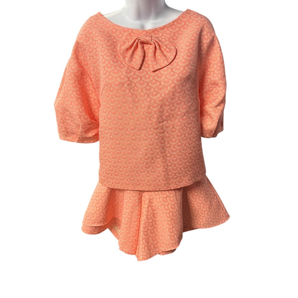 Imickoo Women Orange Paisley Bow Neck 3/4 Sleeve Top Skirt Set Size 8